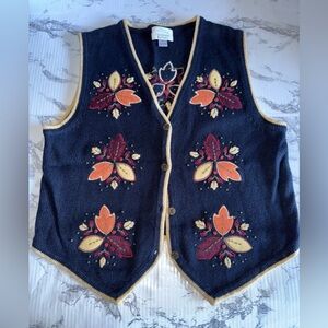 Hand Embroidered Sweater Fall Leaf autumn Vest Size Medium CJ Banks Navy